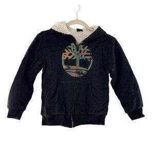 Timberland Kids Sherpa-Lined Black Hoodie Camo Logo Zip 8 Small Tree Core Jacket